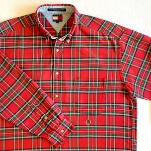 Vintage 90s Tommy Hilfiger Button Down Shirt Tartan Plaid Red Green Yellow White